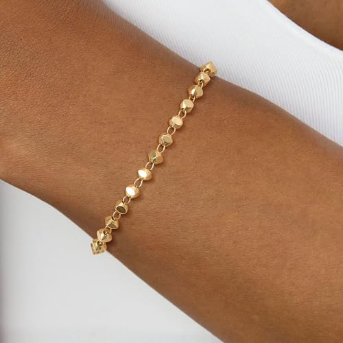 BENEIGE Women Bracelet 14K Gold Plated Paperclip Satellite Bead Ball Oval Cuba Cable Box Chain Daily Charm Layered Link Silver Bracelets Adjustable Jewelry - style: Beaded Square