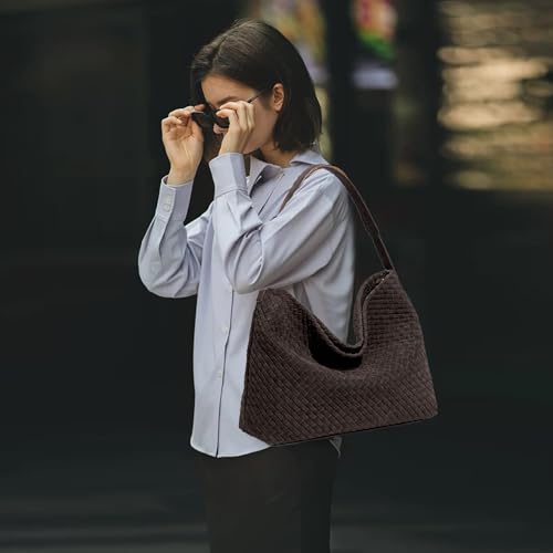 JINMANXUE Women Boston Bag, Woven Hobo Tote Handbag and Purses, Female Satchel Messenger Bags, Fashion Shoulder Crossbody Bag - color: Frosted Coffee