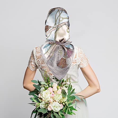 NZKNP Silk-Like Head Scarf - Women's Bandana Wraps - color: 18-blue and Gray, size: 35"*35"