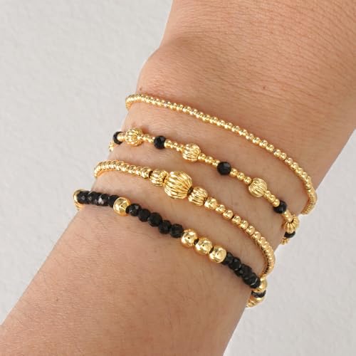 Dainty 14K Gold Lantern Beaded Bracelets Stack for Women,4PCS Colorful Glass Beads Stretch Stackable Bracelets Set Fashion Prom Jewelry Gift Friendship - color: Black