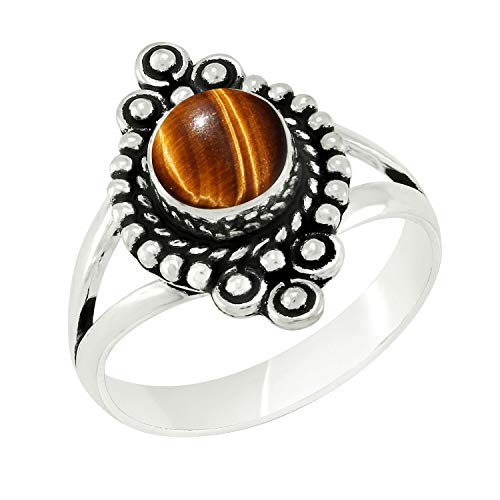 Round Shape Natural Gemstone Vintage Style Handmade Rings for Women - 925 Silver Overlay Handmade Birthstone Ring Jewelry Gift for Her Mom Wife Sister - color: Tiger Eye