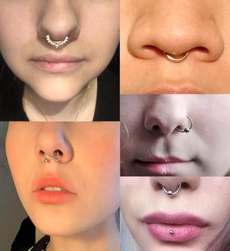 MODRSA Fake Nose Stud Fake Nose Ring Stud Fake Nose Piercing Fake Lip Ring Fake Earrings Stud Silver Gold Fake Cartilage Helix Earring Clip on Earring Hoop Fake Eyebrow Ring Fake Bridge Piercing - color: H-Fake septum - silver black