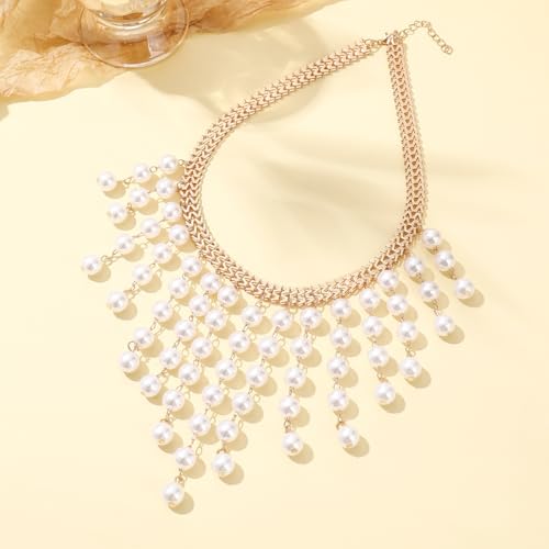 Chunky Gold Pearl Tassel Necklace Layered Pearls Cluster Beaded Choker Necklace Pearls Sweater Chain Statement Necklaces Fashion Jewelry Accessories for Women