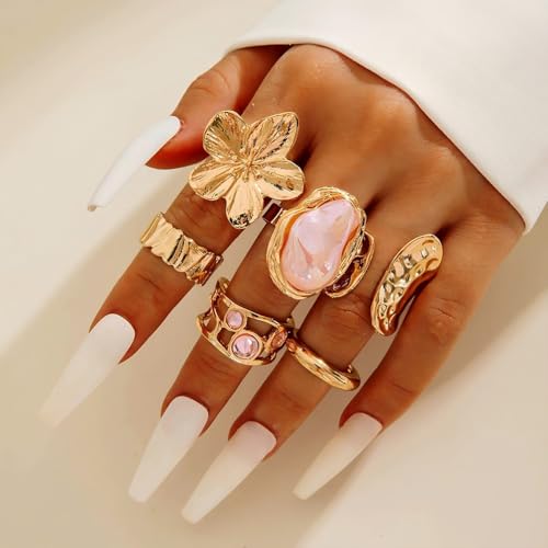 6Pcs Gold Flower Crystal Chunky Knuckle Rings Stacked for Women, Statement Stack Zirconia Hammered Geometry Irregular Baroque Pearl Open Ring Jewelry Gift - color: Light Red