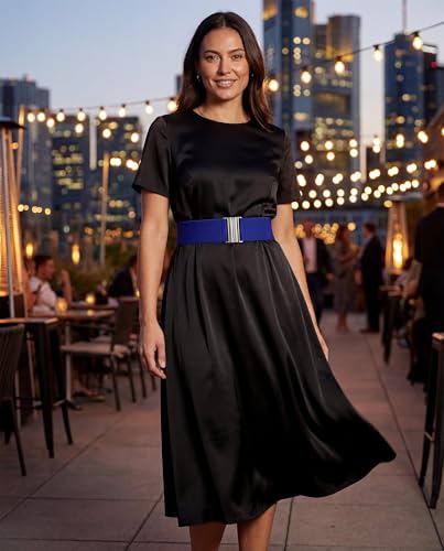 BlackButterfly Wide Elastic Waist Cinch Stretch Waistband Retro Vertical Clasp Buckle Belt - color: Royal Blue, size: Large
