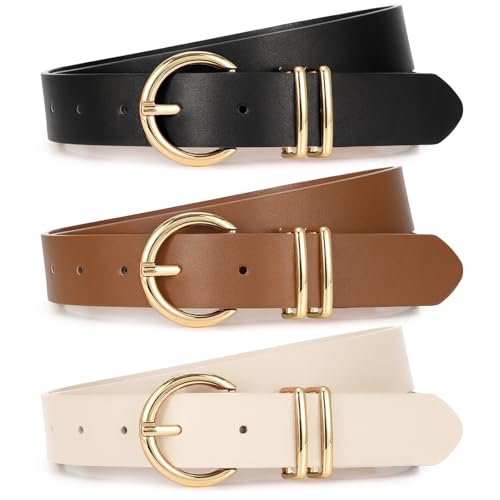 XZQTIVE 3 Pack Women Belts For Jeans Dresses Pants Ladies Leather Waist Belt with Gold Buckle - color: Round Buckle Black+brown+beige, size: Fit Pant 30-36in
