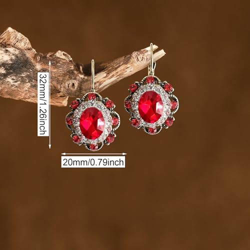 Handmade Bohemian Vintage Gold Sparkly Crystal Round Flower Leverback Earrings Cute Rhinestone Geometry Dangle Drop Earring for Women - color: Red