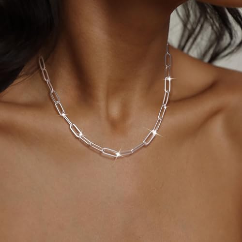 MBW Silver Paperclip Chain Necklace for Women,Dainty Sterling Silver Choker Necklaces for Women Trendy Simple Long Chunky Minimalist Waterproof Link Necklace Jewelry Gifts for Women 16/18/20 in - color: Paperclip-5mm/18inch