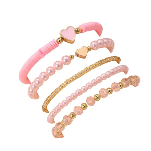 Caiyao Bohemia Multilayer Heart Imitation Pearl Beaded Stackable Bracelets Set Colorful Surfer Heishi Clay Gold Beads Stretch Bracelets for Women Men Summer Beach Boho Vacation Jewelry Gifts - color: Pink