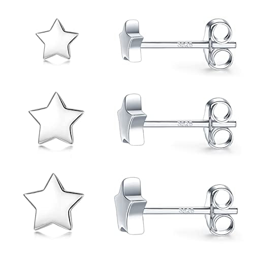 3 Pairs 925 Sterling Silver Star Stud Earrings for Women,Tiny Simple Geometric Stud Earrings Set Small Hypoallergenic Cartilage Tragus Ear Jewellery for Men (3/4/5mm) - color: 08 Silver-3Pairs-4/5/6mm
