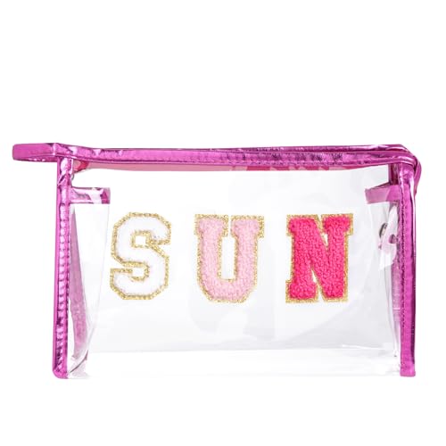 Preppy Patch Makeup Bag, Sun Chenille Letter Bag for Beach, Pouch with Zipper, Travel Bags Clear Cosmetic Toiletry Bag for Women Girls Teens (Rose Red) - color: Rose Red