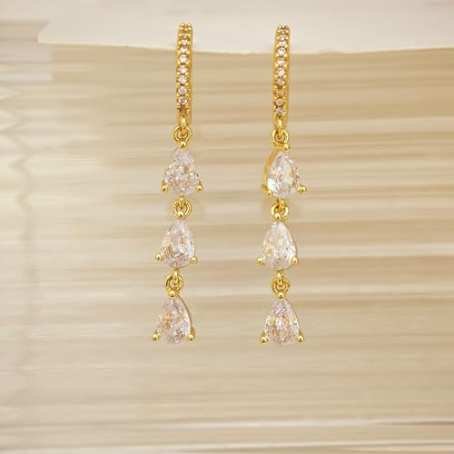 Gold Earrings for Women Trendy, Simple Dainty 14K Gold Plated Paperclip Square Chain Link Dangle Hoops Earrings Pin Stud Huggie Earrings Lightweight Hypoallergenic Minimalist Aesthetic Gold Jewelry for Christmas Gifts - color: cz hoop dangle-gold