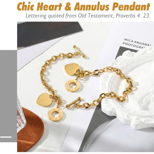 Emibele Heart Charm Bracelet for Women, Bible Verse Bracelet Stainless Steel 18K Gold Plated Bracelet Love Pendant Link Chain OT Clasp, Birthday Christmas Jewelry Gift for Mother Her - color: 18K Gold