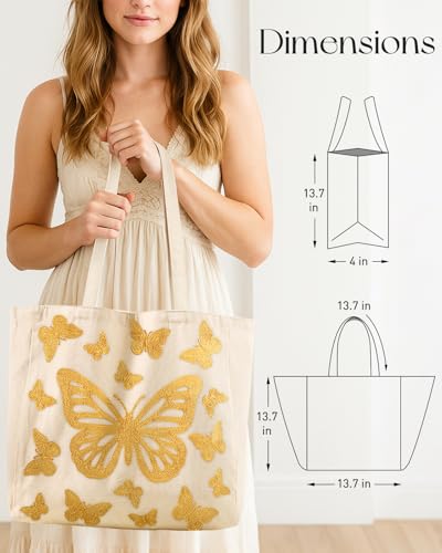 Miss Adola Embroidery Tote Bag with Pocket & Buckle - Reusable Canvas Tote for Women Cute Aesthetic Work Shopping Grocery Bag - style: Butterfly