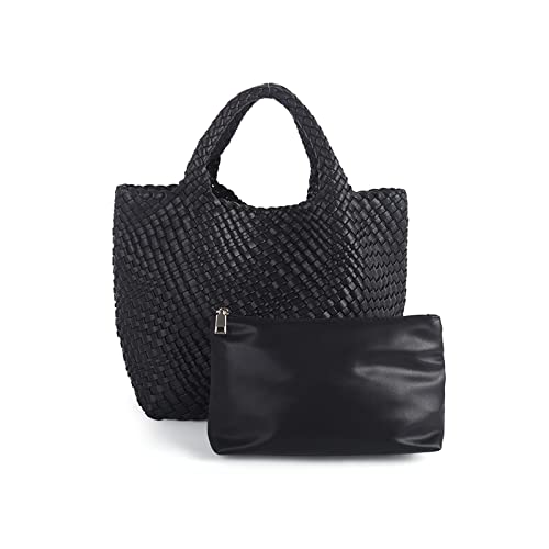 Hand Woven Bag Tote BagS For Women Top Handle Shoulder Vegan Leather Large Travel Beach Hobo Handbag - color: Black-a