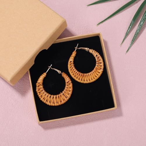 Boho Handwoven Rattan Hoop Earrings, Summer Beach Rattan Earrings Cute Hoop Dangle Drop Lightweight Bohemian Weaving Jewelry for Women Fashion Travel Essentials