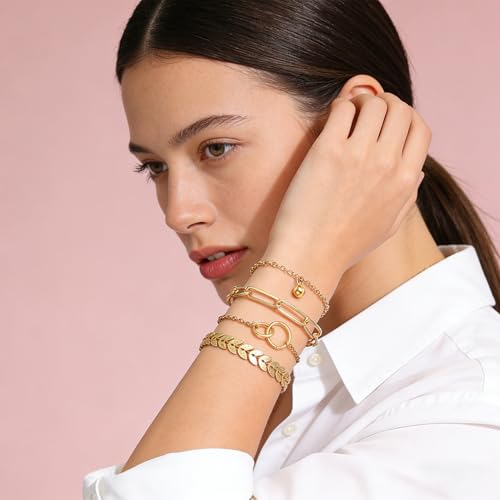 Alegend Titanium Steel (Not Rust, Resist Corruption, Easily Clean) 18K Gold Plated Single Bracelets + 14K Gold Plated Stackable Multilayer Bracelets - style: 14KGold + 4PCS C