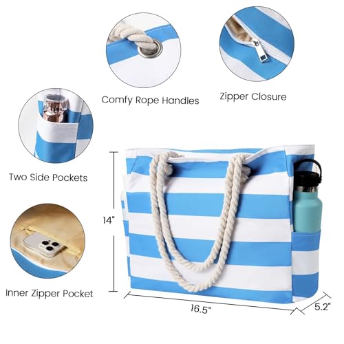 Clothirily Beach Bag for Women - Large Beach Tote Bag, Waterproof Sandproof Beach Bag with Zipper, Large Swim Pool Beach Tote - color: Sky Blue