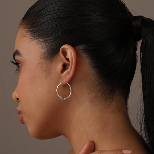 Charmsy 925 Sterling Silver Oxidized Balinese Hoop Earrings for Women | Lightweight Click Top Antique Oxidized Balinese Hoops Earring | Sise 30-60mm - color: Balinese Hoop-25MM/0.98"