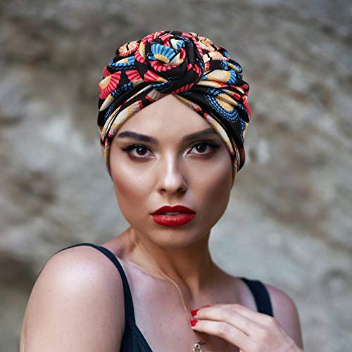 DRESHOW 5 Pack Knotted Headwraps for Women African Turban Pre-Knotted Beanie Headwraps Hair Covers - color: 5 Pack Donuts: Flower Printed Ba