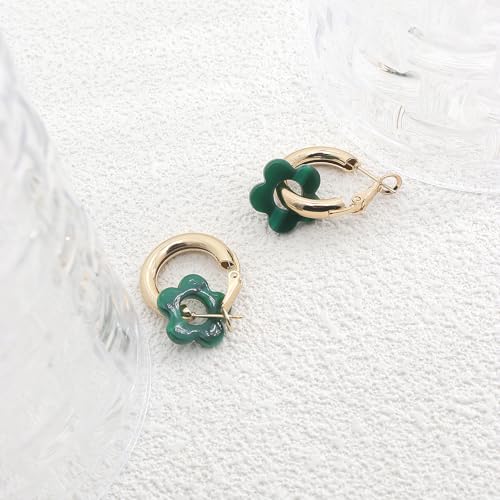 Chunky Acrylic Gold Small Flower Hoop Huggie Earrings, Colorful Boho Ear Piercing Dangle Drop Earrings, Dainty Chic Charm Jewelry Gift - color: Green