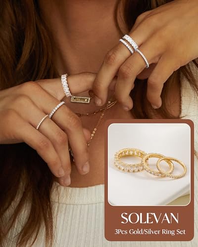Silver Gold Rings for Women Non Tarnish 14K Gold Plated Stackable Rings for Women Stacking Thumb Pinky Eternity Cubic Zirconia Engagement Wedding Band Ring Set Woman Jewelry 1.5mm 2.5mm 5mm - color: D-Gold Cubic Zirconia Rings