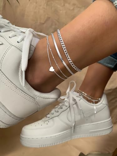 FindChic Black/Silver/Gold Plated Anklets Set of 2PCS/3PCS Herringbone Chain Cuban Link Heart Charm Sparkling Tennis Ankle Bracelets, Waterproof Summer Foot Jewelry for Beach - color: 01. Silver-3PCS Cuban & Herringbone & Beaded Heart