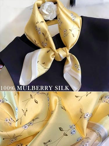 100% Mulberry Silk Scarf for Women Hair Lightweight Square Neckerchief Wrap For Head Scarves 21" - color: 15-bright Yellow Branches /21"*21"