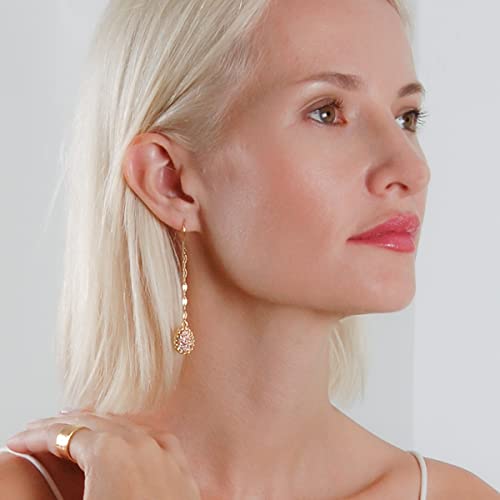 Simulated Druzy Threader Earrings for Women - Gold, Silver, or Rose Gold Tone Long Chain Earrings with Boho Created Geode Stone - color: Gold - Rose Gold Stone