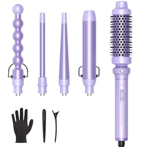 Wavytalk 5 in 1 Curling Iron,Curling Wand Set with Curling Brush and 4 Interchangeable Ceramic Curling Wand(0.5”-1.25”),Instant Heat Up,Include Heat Protective Glove & 2 Clips (Purple) - color: Purple
