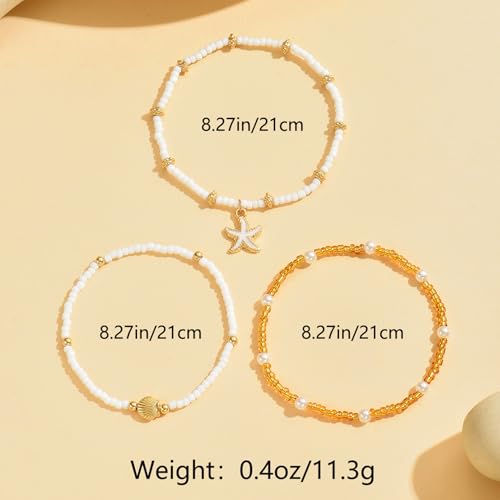 Boho Multilayer Anklet for Women Beach Shell Starfish Pearl Beaded Ankle Bracelets Adjustable Waterproof Summer Foot Chain Jewelry - color: White starfish