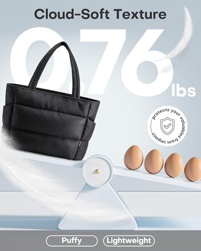 HOTOR Puffer Tote Bag for Women, Nurses - Multi-Pocket Lightweight Bag for Work - Quilted Handbag for Travel and Gym - color: Black, size: 18.1" × 6.3" × 11.8"