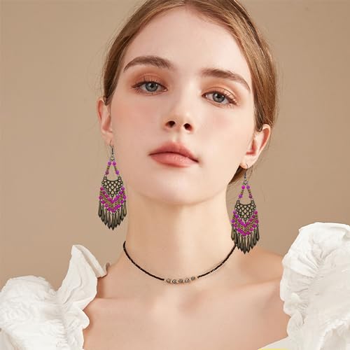 Handmade Vintage Bronze Bohemian Long Tassel Colorful Bead Dangle Drop Earrings Big Tribal Chandelier Geometry Hook Earrings for Women Statement Jewelry Gifts - color: Rose purple