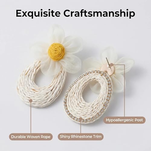 Woven Raffia Rattan Earrings for Women, Boho Flower Hoop & Drop Dangle Earrings Collection, Handmade Summer Beach Vacation Statement Earrings for Party Daily Wear - color: White Daisy Woven Hoop