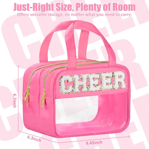 BuyCard Cheer Chenille Letter Bags Clear Makeup Bag for Travel, Cheerleader Gifts Cosmetic Bag with Handles and Zipper, Nylon & PVC Waterproof Large Cheer Accessories Toiletry Bag for Women - color: Rose Red-Cheer