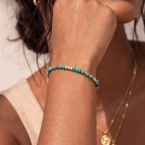 Fettero Beaded Bracelets for Women Charm Natural Stone Handmade Beads White Gold Plated Dainty Gold Bracelets Non Tarnish Boho Summer Beach Vacation Jewelry - color: Green Tur