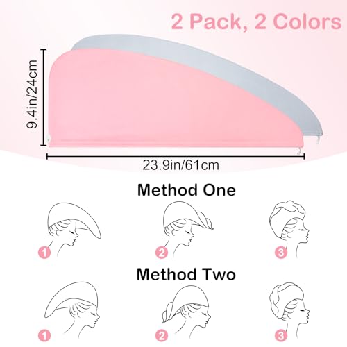 Basumee Microfiber Hair Towel Wrap for Kids 2 Pack Rapid Drying Hair Towel with Button Hair Turbans for Wet Hair Wraps Head Towel Wrap for Women and Girls - color: Pink Gray