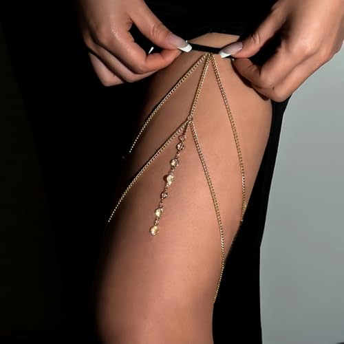 Gold Thigh Chain Rhinestone Leg Wrap Garter Belt Boho Beach Body Chain Bikini Thigh Accessory for Women