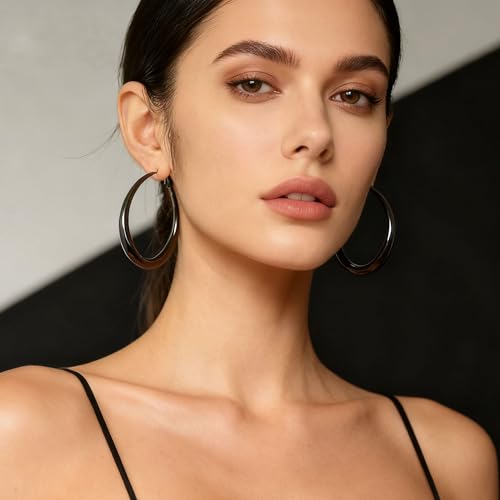EXGOX Sterling Silver Hoop Earrings - Hypoallergenic, Lightweight, Chunky, 14K Real Gold Plated, Big Large Hoops for Women - color: Chunky&Black hoop 50mm