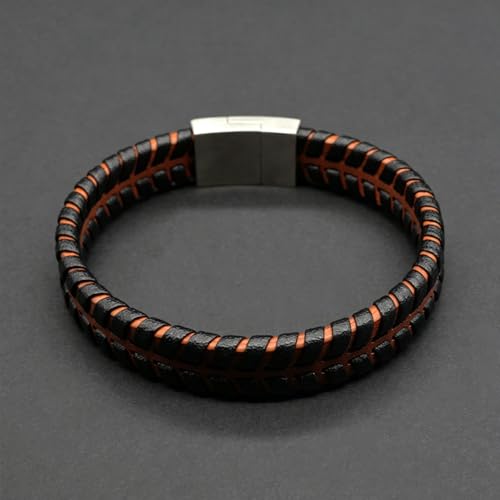 Men's Leather Bracelet, Stackable Stainless Steel Clasp Bracelets for Men Stylish Birthday, Thanksgiving, Valentine's Day Gift for My Man - style: 8.4" Orange and Black