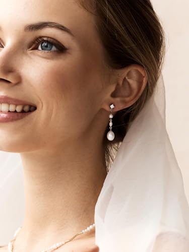 Pearl Earrings for Women, 14k Gold Plated Trendy Diamond Pearl Drop Earrings Hypoallergenic Dainty Bridal Gifts Wedding jewelry for Women - color: G - Gold