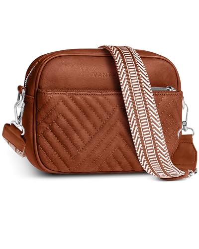 Vantamo Premium Quilted Crossbody Bags for Women with Anti-Pickpocket Clip, Vegan Leather Handbags, Travel Purses for Women - color: Brown With Jacquard Strap