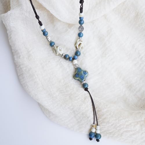 Boho Style Colorful Ceramic Bead Strand Necklace Adjustable Bohemian Jewelry Gift for Women, Fashion Clothing Matching Necklace - color: Speckled Teal
