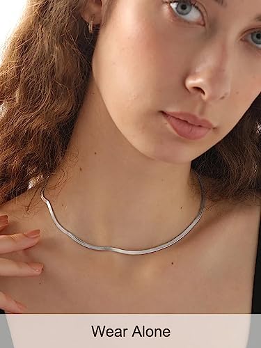 FOCALOOK 14K Gold Plated Necklaces for Women, Fashion Herringbone Choker Necklace Stainless Steel Flat Snake Chain 3/5MM(W) 12.5"/15"/18"+3.5"(L) - color: 3MM-Silver-12.5"