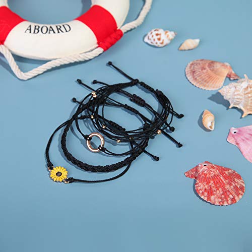 FANCY SHINY Easter Gifts Basket Stuffers Sunflower String Bracelet Boho Braided Rope Wrap Bracelets Cute Summer Beach Surfer Jewelry for Women - color: Black