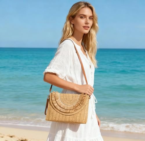 Crossbody Bags for Women, Straw Clutch Purses, Bohemian Handmade Woven Envelope Package, Tassel Handbags for Women | Bohemian - color: Khaki