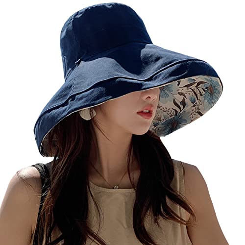 HUAMULAN Women Summer Sun Hat Wide Brim Wired Edge Floral Beach Bucket Hats Reversible Foldable Travel UV Protection Lady Hat - color: M2320-navy