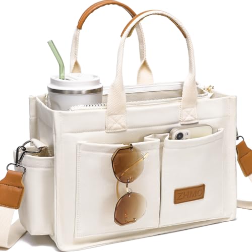 ZHMO Canvas Tote Bag for Women,Women's Bags Crossbody Bags Work Laptop Tote Bag Large Handbags Purse for Travel Nurse Teacher - color: New Upgrade White With Compartments and Side Cup Holders