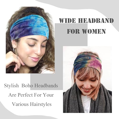 FULZTEY Boho Headbands for Women Wide Head Bands Kontted Trendy Tie Dye Headband Soft Thick Bandanas Elastic Workout Yoga Hairbands Fashion Hair Accessories for Women 4 pcs - color: Style 2