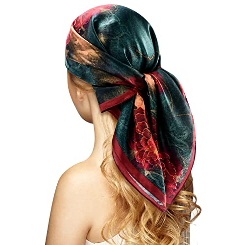 Stlvoll 100% Silk Head Scarf for Women - 27" Hair Scarves Satin Bandanas Square for Night Sleeping with Gift Packed - color: Flower (Red + Cyan)